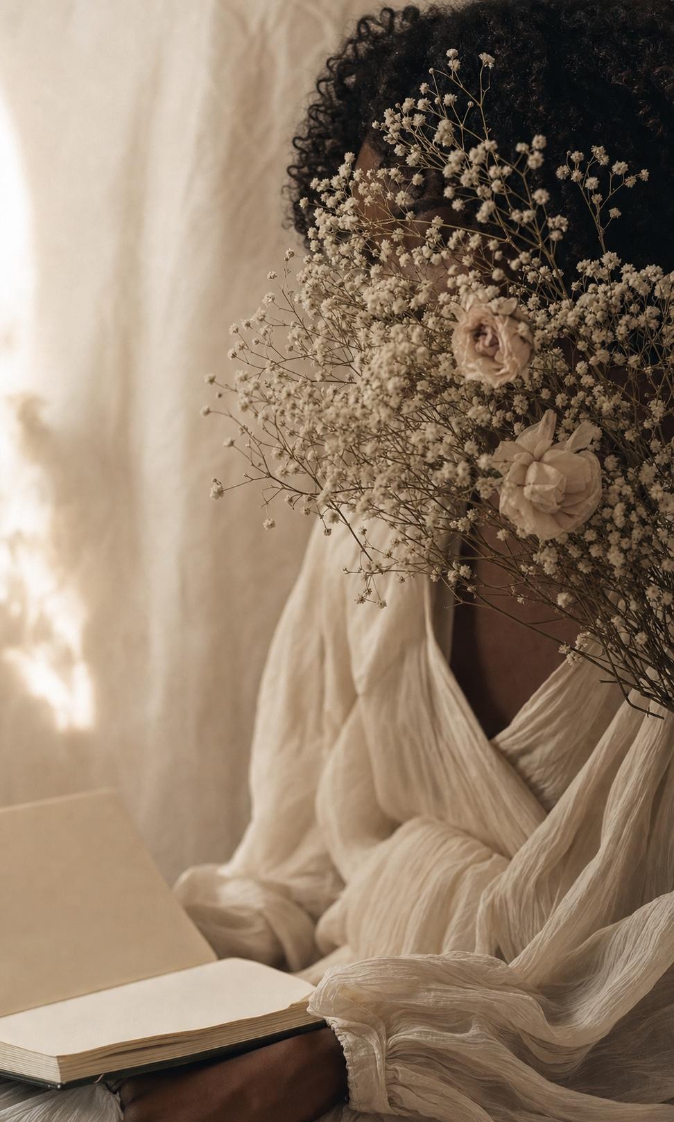 A woman in ivory fabric reading, her face veiled by delicate flowers.